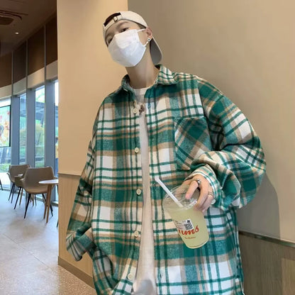 saferido Men 2024 Spring Summer Fashion Checkered Turn-down Collar Tops T-Shirt Men Clothing Casual Loose Long Sleeve Button Shirts