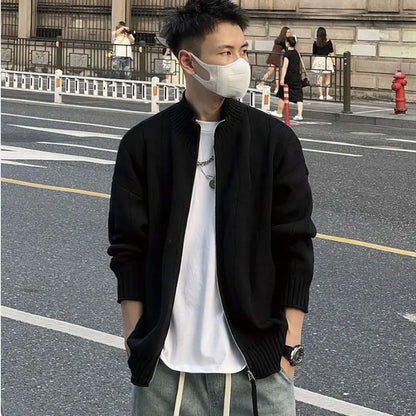saferido Autumn KPOP Fashion Style Harajuku Slim Fit Outerwear Loose Casual All Match Knitwear Cardigan Solid Zipper Long Sleeve Sweaters