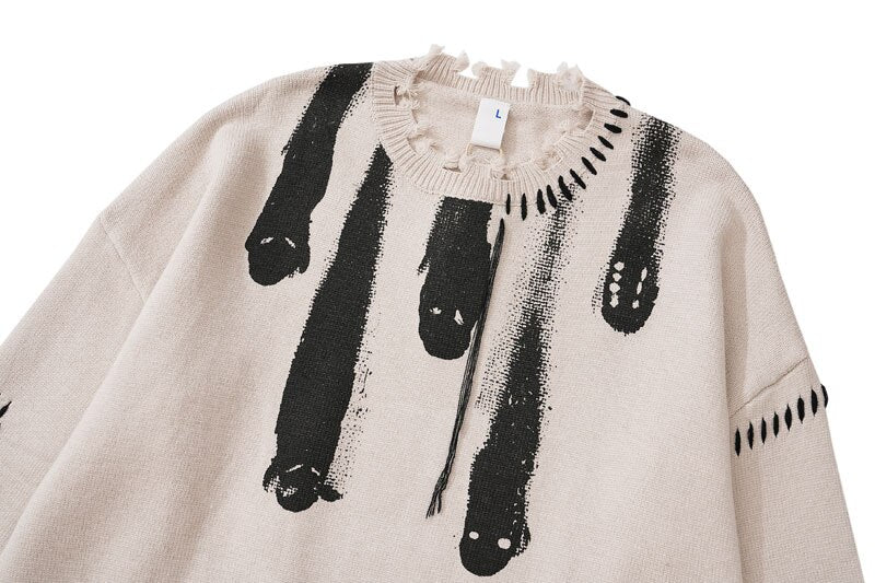 Hip Hop Knitted Sweaters Men Harajuku Vintage Hole Ghost Graphic Jumpers Streetwear Punk Casual Oversized O-Neck Pullover Unisex