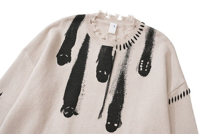 Hip Hop Knitted Sweaters Men Harajuku Vintage Hole Ghost Graphic Jumpers Streetwear Punk Casual Oversized O-Neck Pullover Unisex