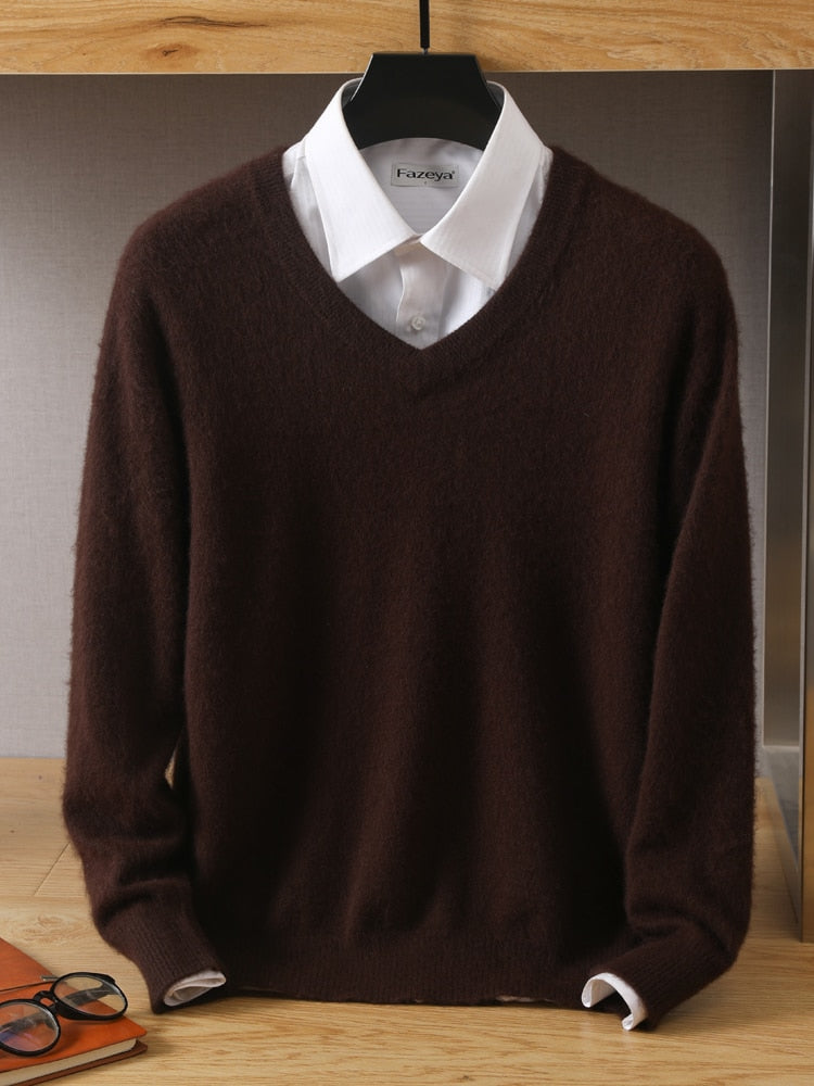 Men's 100% Mink Cashmere Sweater V-Neck Pullovers Knit Large Size Winter New Tops Long Sleeve High-End Jumpers