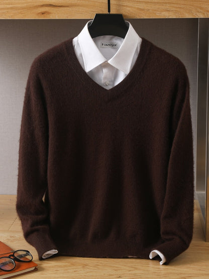 Men's 100% Mink Cashmere Sweater V-Neck Pullovers Knit Large Size Winter New Tops Long Sleeve High-End Jumpers