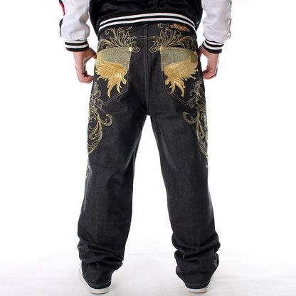 Street Dance Wide Legs Baggy Jeans Men Fashion Embroidery Black Loose Board Denim Pants Male Rap Hip Hop Jeans Plus Size 30-46