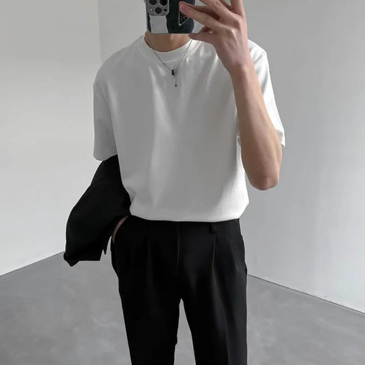 Korean Short Sleeved T-shirt Men Round Neck Solid Color Harajuku Thin White Vintage T Shirt for Men Half Sleeved Bottoming Shirt