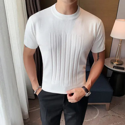 saferido  New Summer Men's Short Sleeve Solid Color T shirt Round Collar British Slim Casual Fashion Knit T-Shirts S-3XL