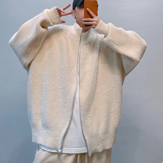 saferido Winter Men Loose Zipper Cardigan Sweater Korean Fashion Handsome Simplicity Warm Sweater Male Thicken Casual Sweater Coat