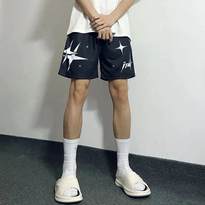 saferido American Y2K Basketball Sports Shorts Men Trend Y2k Street Loose Pentagram Print Knee-length Pants Fitness Breathable Casual Pants
