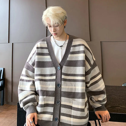 saferido Autumn Striped Cardigan Sweater Men Korean Knitted Sweater Pullover Harajuku Hip Hop Streetwear Loose Knitwear Coat Male Clothes