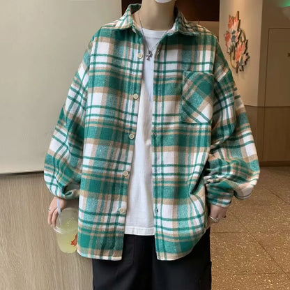 saferido Men 2024 Spring Summer Fashion Checkered Turn-down Collar Tops T-Shirt Men Clothing Casual Loose Long Sleeve Button Shirts