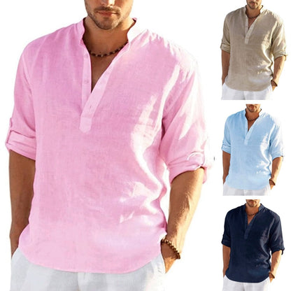 Men's Linen Long Sleeve Shirt Solid Color Casual  Long Sleeve Cotton Linen Shirt Tops  Hemp Shirt