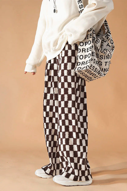 saferido Casual Straight Wide Leg Pants Men High Street Trend Mopping Pants Loose Overalls Contrast Color Plaid Printed Trousers Spring
