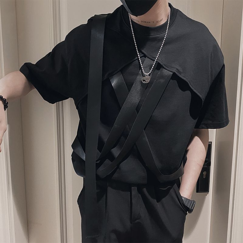 Summer Solid Color Pullovers Patchwork Handsome Round Neck Lacing Streetwear Casual Fashion Man Men's Clothing T-Shirts Korean