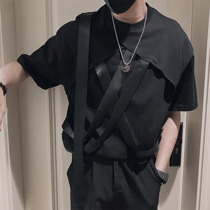 Summer Solid Color Pullovers Patchwork Handsome Round Neck Lacing Streetwear Casual Fashion Man Men's Clothing T-Shirts Korean