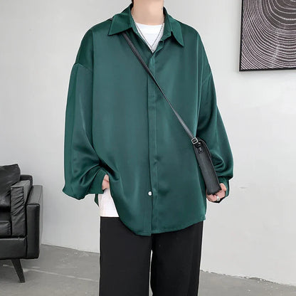 saferido Korean Fashion Ice Silk Shirts for Men Spring Summer Solid Color Long Sleeve Casual Loose Comfortable Button Up Shirt 5XL-M