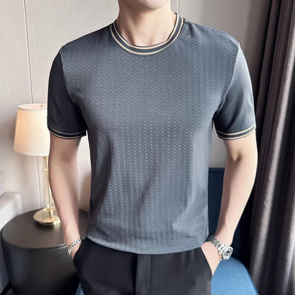 saferido British style Men's summer casual short sleeves Jacquard ice silk T-shirt/Male slim fit Round neck fashion T-shirts S-4XL