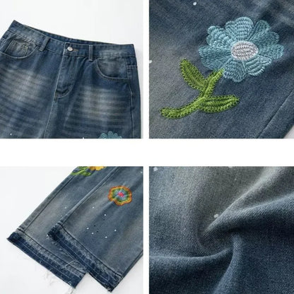 saferido Embroidery Jeans Men High Street Hip Hop Streetwear Couples Loose Mopping Wide Leg Trousers Teens Japanese Harajuku Fashion Chic