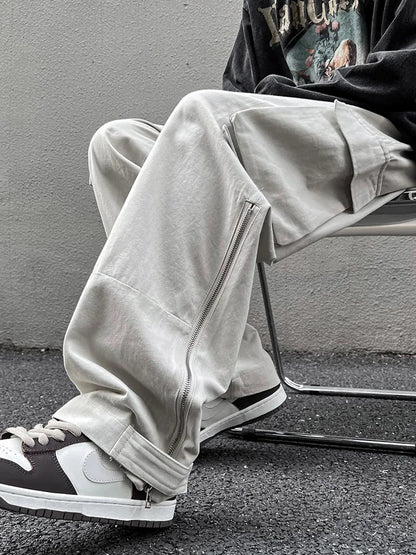 saferido American straight tube workwear pants for men, autumn trendy high street logging wide leg pants ruffled and handsome loose