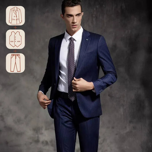 saferido  Premium Suit British Striped for Men's Business Formal Dress, Wedding, and Groom, Slim-fit Coat Vest & Pants