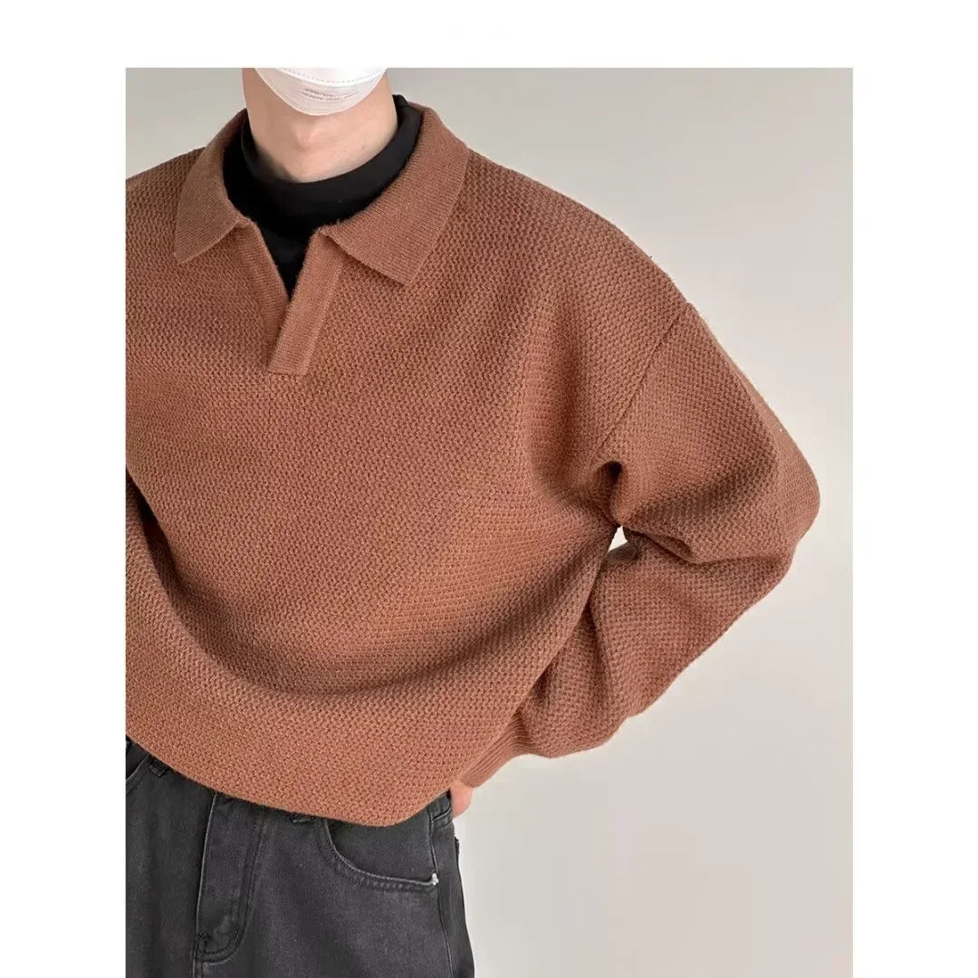 Knitted Sweater Men Old Money Oversize Casual Pullovers for Man Autumn Winter Khaki Polo Tops Male Streetwear Korean