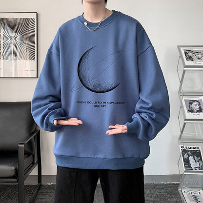 Winter Warm Sweatshirts New Men Simple Stroke Moon Graphic Pullovers Oversized Korean Style Man Letter Print O Neck Tops