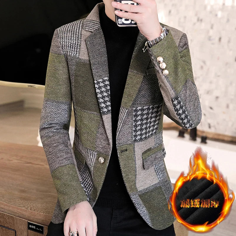 Winter New Men Suit Blazers Jackets Thickened Version Plaid Casual Suits Jackets Coats Business Formal Wear Men Slim Fit Blazers
