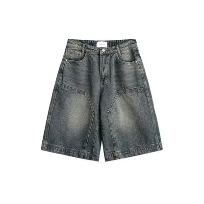 Summer Retro Men Set Checkered Fashion Short Sleeved Shirt+Big Pocket Washed Denim Shorts 2-piece High Street Trendy Unisex Suit