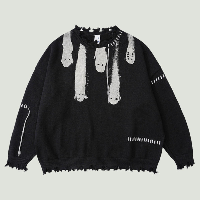 Hip Hop Knitted Sweaters Men Harajuku Vintage Hole Ghost Graphic Jumpers Streetwear Punk Casual Oversized O-Neck Pullover Unisex