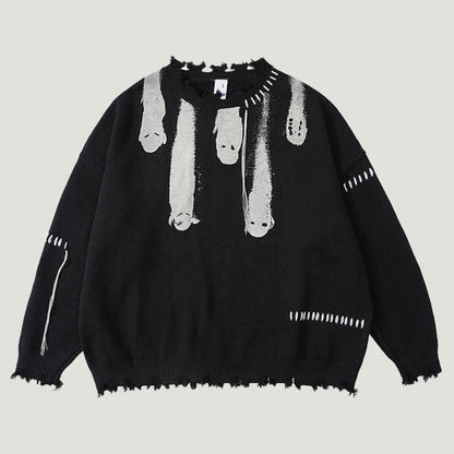 Hip Hop Knitted Sweaters Men Harajuku Vintage Hole Ghost Graphic Jumpers Streetwear Punk Casual Oversized O-Neck Pullover Unisex