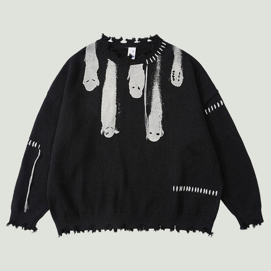 Hip Hop Knitted Sweaters Men Harajuku Vintage Hole Ghost Graphic Jumpers Streetwear Punk Casual Oversized O-Neck Pullover Unisex