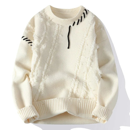 Man Panelled Contrast O-neck Sweater Autumn Winter Vintage Loose  Long Sleeves Knitted Pullover Fashion Casual Male Jumper