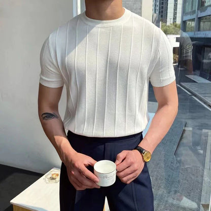 Summer Men Knit Ice silk T shirts High Quality Solid Color Stripe Short sleeve O-neck Tee Tops Mens Thin Slim Fit T-Shirts