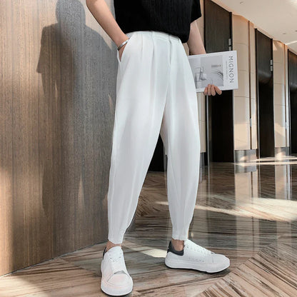 New Fashion Spring Summer Pants Men Tapered Bottom Slit Trousers Korean Style White Khaki Black Elastic Waist Casual Pants Man