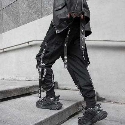 saferido Techwear Cargo Pants Men Joggers Black Cargo Trousers for Men Jogging Japanese Streetwear Hip Hop Hippie Gothic Ribbon