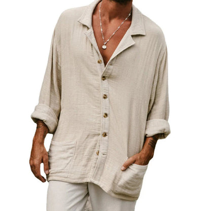 saferido Casual Loose Solid Color Men's Shirts Leisure Turndown Collar Button Tops Spring Summer Fashion Shirt For Men Clothes Streetwear