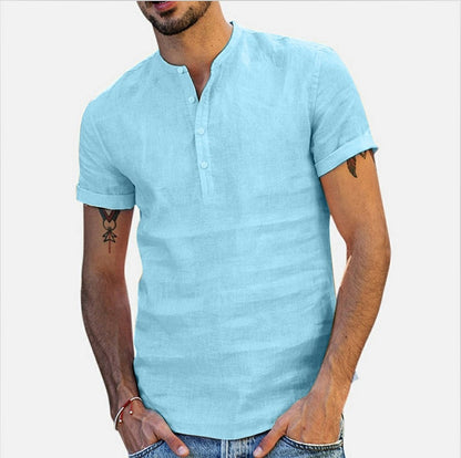 Men's Standing Collar Cotton Linen Short Sleeved Shirt Men's Designer Clothes Popular Tops for Men