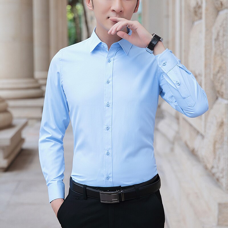 Size M-8XL Men Dress Shirts Long Sleeve Turn Down Collar Solid Color Business Work Shirt Slim Fit Anti-wrinkle Men Clothe