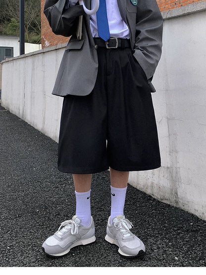 saferido Spring Summer Loose Casual Soft Black Pleated Shorts for Men Mens with High Waist Short Straight Pants Clothes