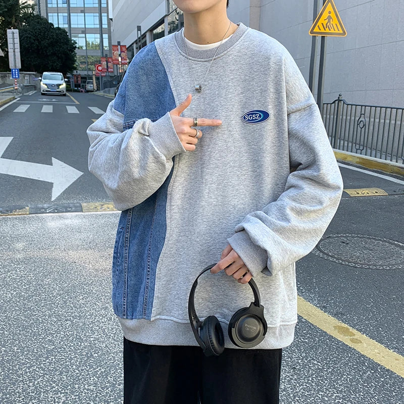 Denim Patchwork Sweatshirt for Men New Autumn Korean Fashion Loose Casual Round Neck Long Sleeve Harajuku Sweatshirt