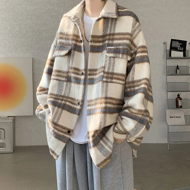 saferido Plaid Woolen Coat Men Warm Fashion Retro Thicken Woolen Jacket Men Streetwear Korean Loose Short Woolen Coat Mens Thick Jackets
