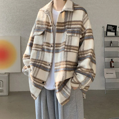 saferido Plaid Woolen Coat Men Warm Fashion Retro Thicken Woolen Jacket Men Streetwear Korean Loose Short Woolen Coat Mens Thick Jackets