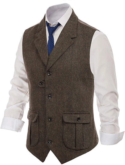 Herringbone Men's Vests Casual Suit Vest Notch Lapel with Two Pockets Herringbone Waistcoat for Wedding Groomsmen  Men Vest