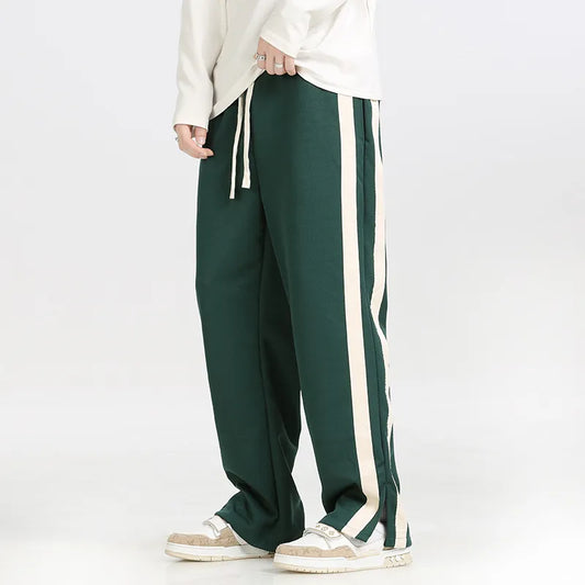 saferido Men's Striped Slit Pants Spring Autumn Straight Wide Leg Trousers High Street Loose Casual Trousers Fashion Men Clothing