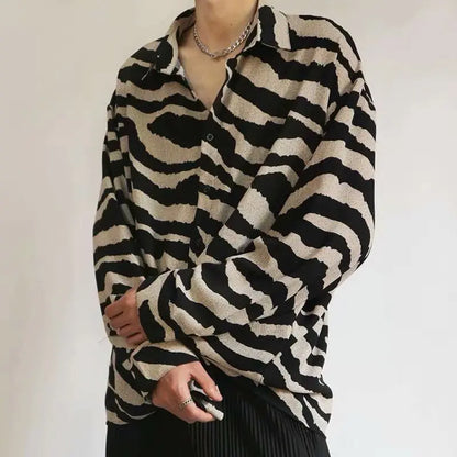 Spring Korean Fashion Sexy Leopard Print Shirts for Men Long Sleeve Lapel Loose Ice Silk Luxury Retro Men's Striped Shirts