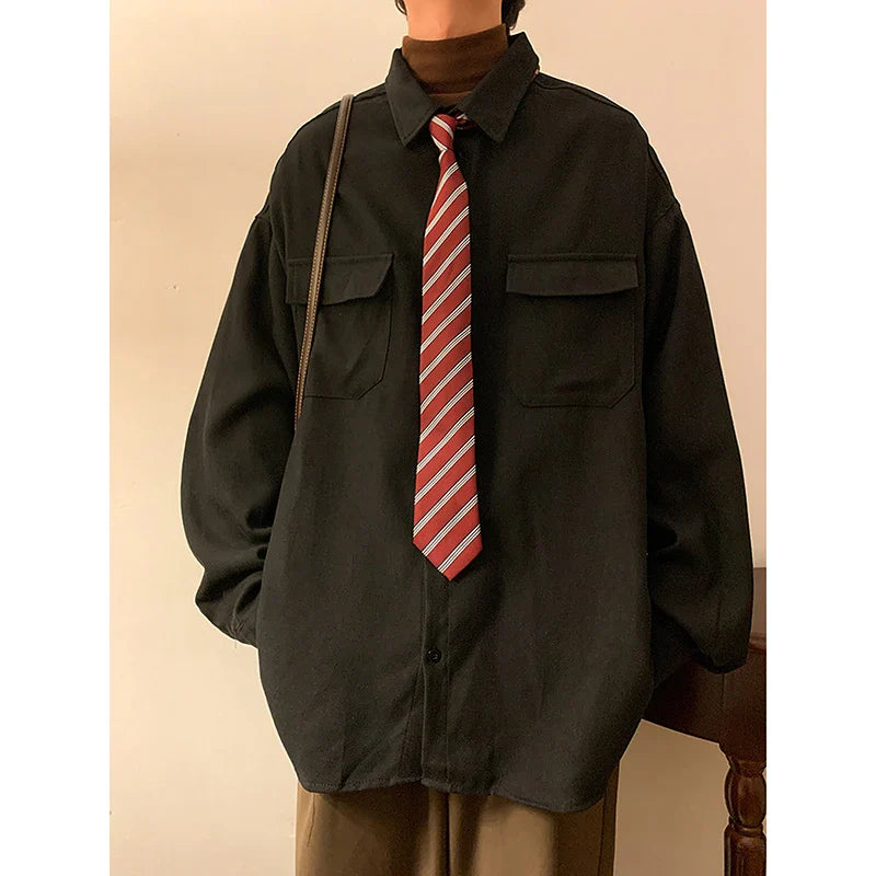 Spring Long Sleeved Shirt Men Fashion Retro Pocket Shirt Men Japanese Streetwear Loose Casual Shirt Mens Vintage Shirts M-3XL