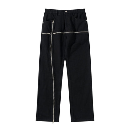 Cross Zipper Decorate Solid Black Mens Cargo Pants High Street Retro Straight Elastic Waist Casual Trousers Loose Overalls