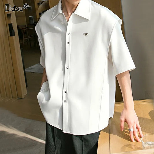 Young Style Solid Shirts Man Premium Temperament Button Short Sleeve Turn-down Collar Loose Office Handsome Men's Clothing