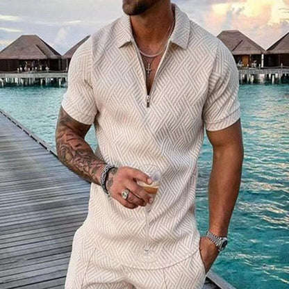 Men Summer Hawaiian Turn Down Collar V Neck T-Shirt Casual Zipper Short Sleeve Blouse Daily Tee High Quality Clothing S-3XL
