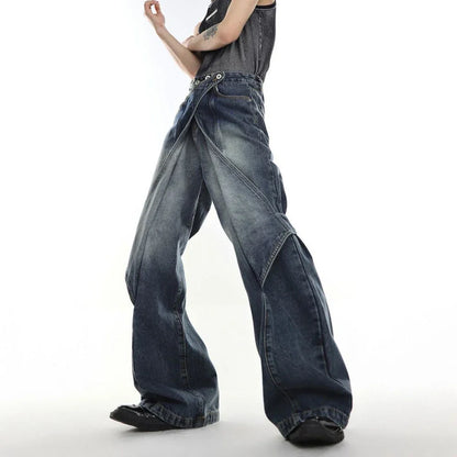 saferido Mens Autumn Winter American Street Niche Y2k Heavy-Duty Distressed Washed Jeans Irregular Variable Bell Pants Wide-Leg Pants