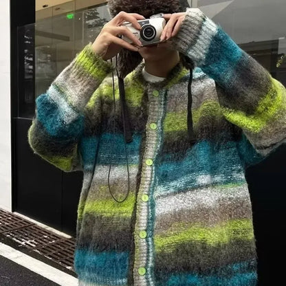 saferido Striped Knitted Sweater Coat Men Japanese Y2K Oversize Casual Autumn Winter Loose V-Neck Cardigan for Men Rainbow Color
