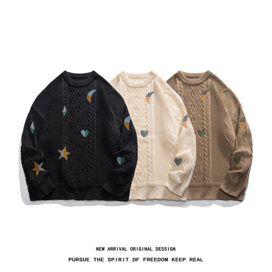 saferido Korean Style Round Neck Couple Sweater Autumn Winter New Men's Knitted Pullovers Embroidery Patterns Male Knitwear Clothing